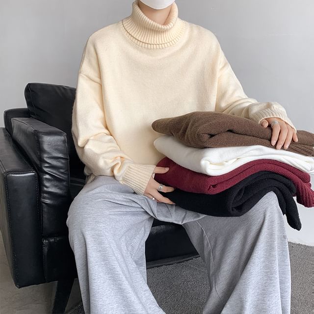 Bay Go Mall-Turtleneck Drop Shoulder Plain Sweater