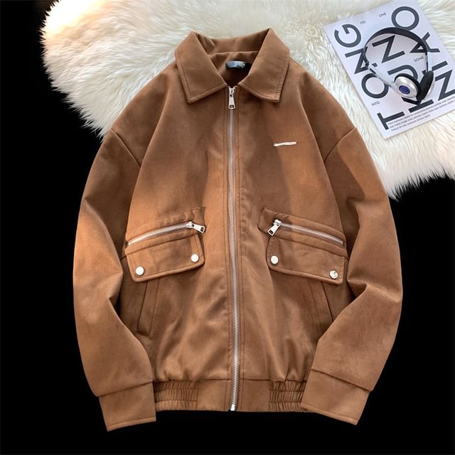 FORSETI-Collared Plain Zip-Up Faux Suede Jacket