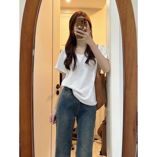 monroll-Short Sleeve Scoop Neck Plain Tee