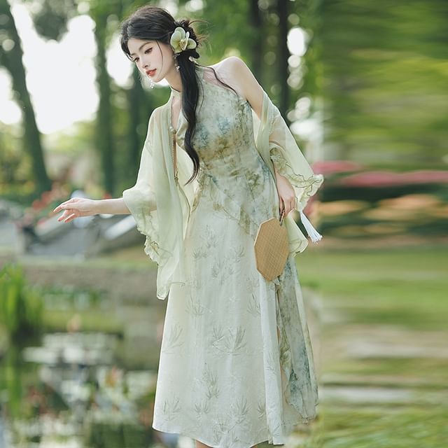 Halter Neck Printed Maxi A-Line Dress / Light Jacket / Set