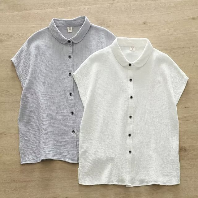 PANDAGO-French Sleeve Collared Plain Blouse