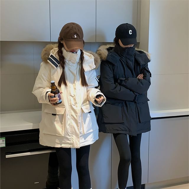 Sienne-Stand Collar Plain Hood Zip Puffer Jacket