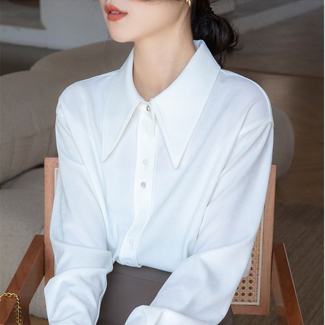 Everose-Long-Sleeve Plain Chiffon Shirt