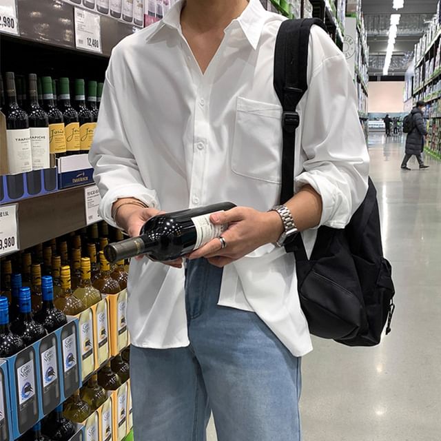 Priam-Long Sleeve Collared Plain Button Up Shirt