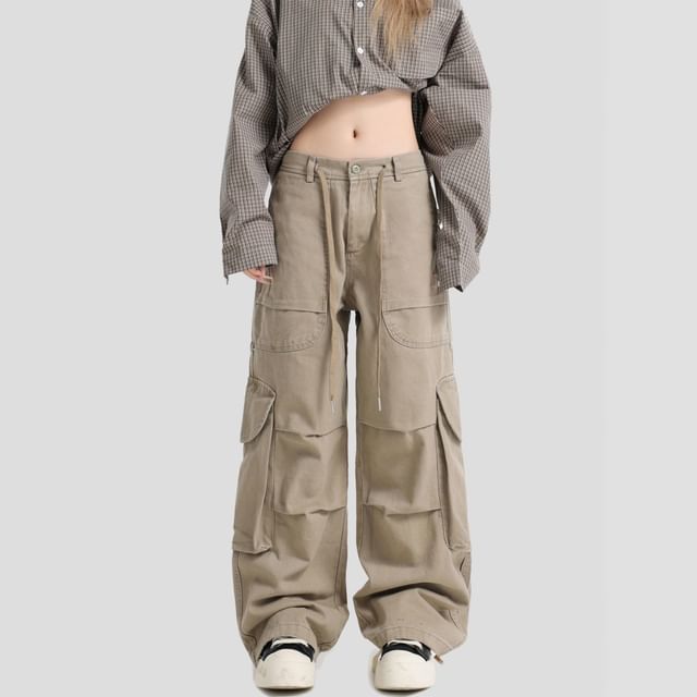 Banash-Low Waist Plain Wide Leg Cargo Pants