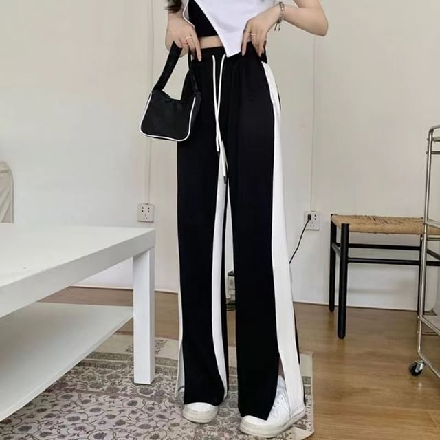 Everose-Mid Rise Contrast Trim Wide Leg Pants