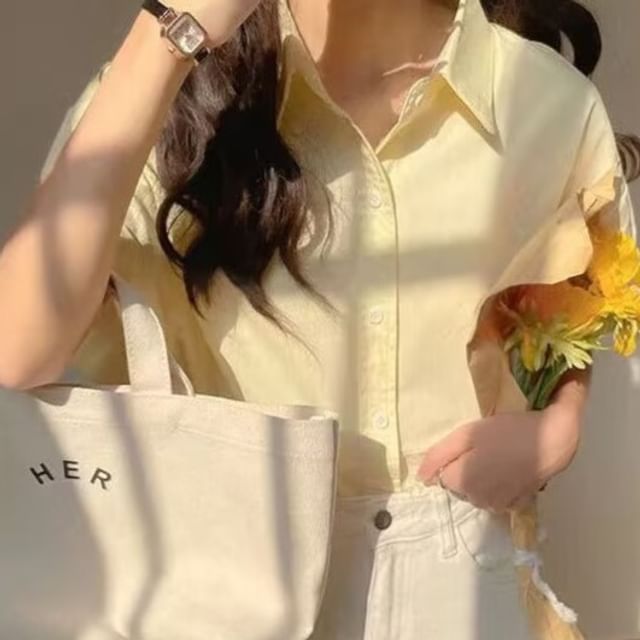Muezz-Elbow-Sleeve Button-Up Plain Shirt