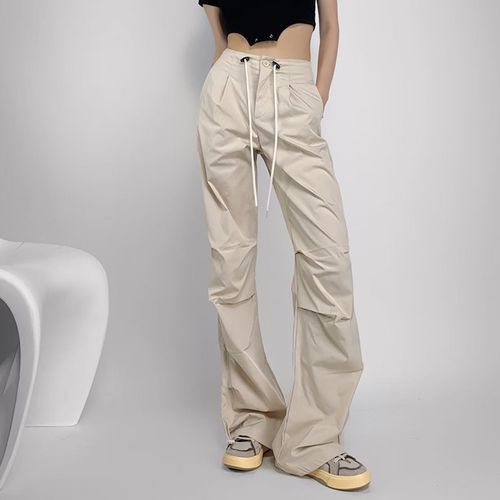 Drawstring Waist Plain Ruched Wide Leg Cargo Pants