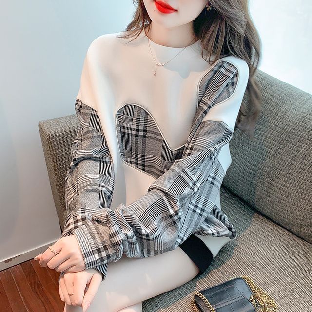 Dragan Pulse-Crewneck Plaid Panel Sweatshirt