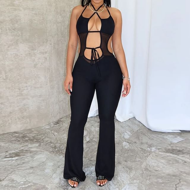 BrickBlack-Halter Plain Cutout Flared Jumpsuit