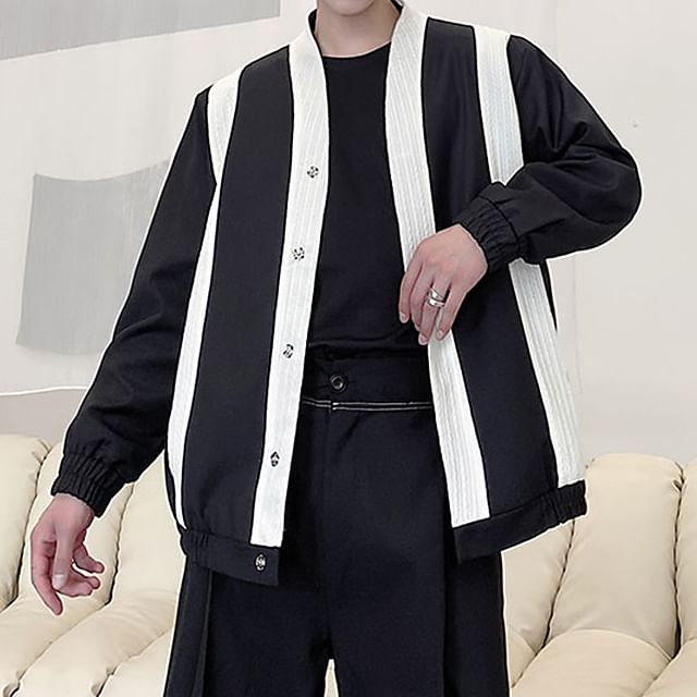 Bjorn-V-Neck Two Tone Concealed Button Jacket