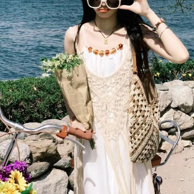 Odestra-Set Spaghetti Strap Plain Beaded Midi Sundress Asymmetrical Crochet Knit Cami Top