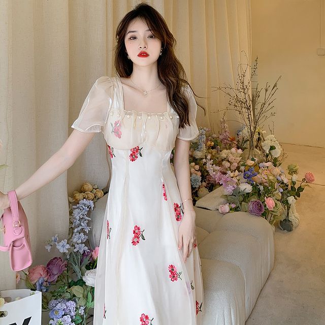 square neck short sleeve ruched floral midi dress Hazel Blues | Printed Square Neck Short Sleeve Midi Dress
