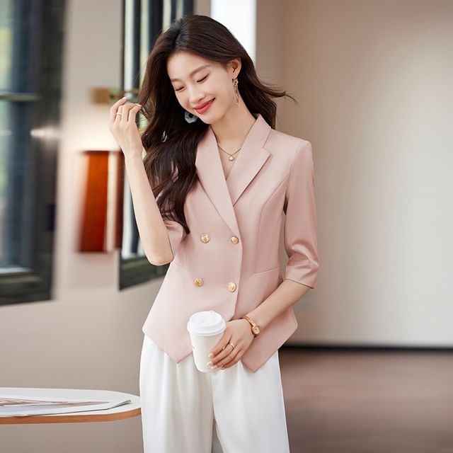 Skyheart-Elbow Sleeve Lapelled Plain Double Breasted Blazer