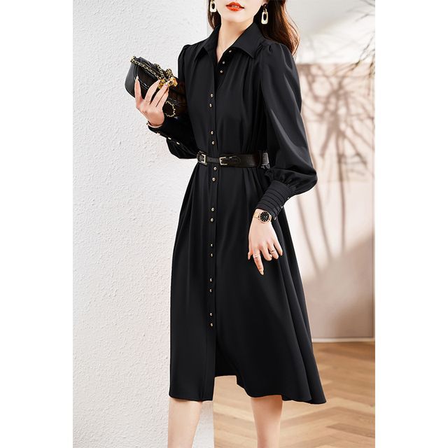 Jeonseon - Long-Sleeve Collar Plain Midi Shirt Dress | YesStyle