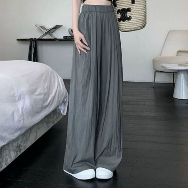 INEN-Elastic Waist Plain Wide Leg Pants