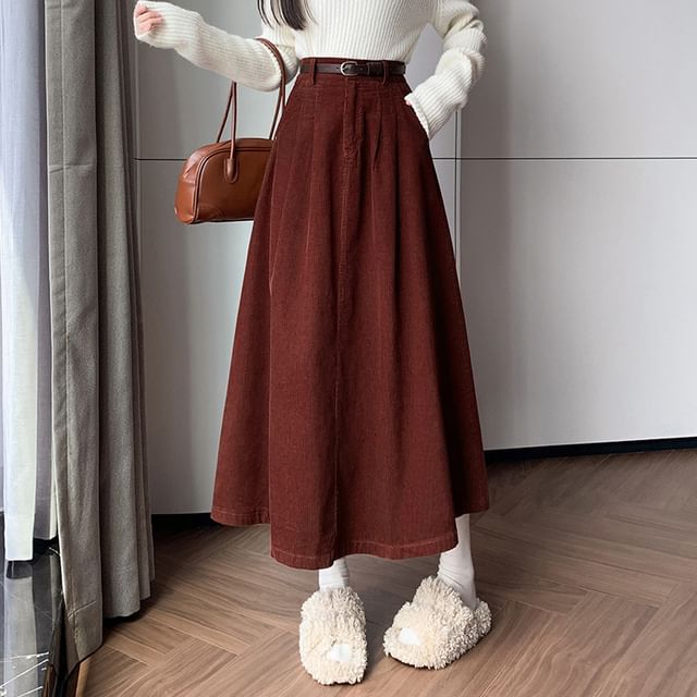 Leandra High Rise Plain Corduroy Midi A-Line Skirt YesStyle - Main Image