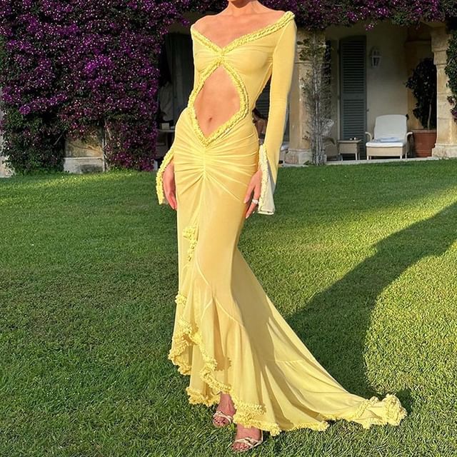 Trilake Long-Sleeve V-Neck Plain Cutout Ruffle Ruched High-Low