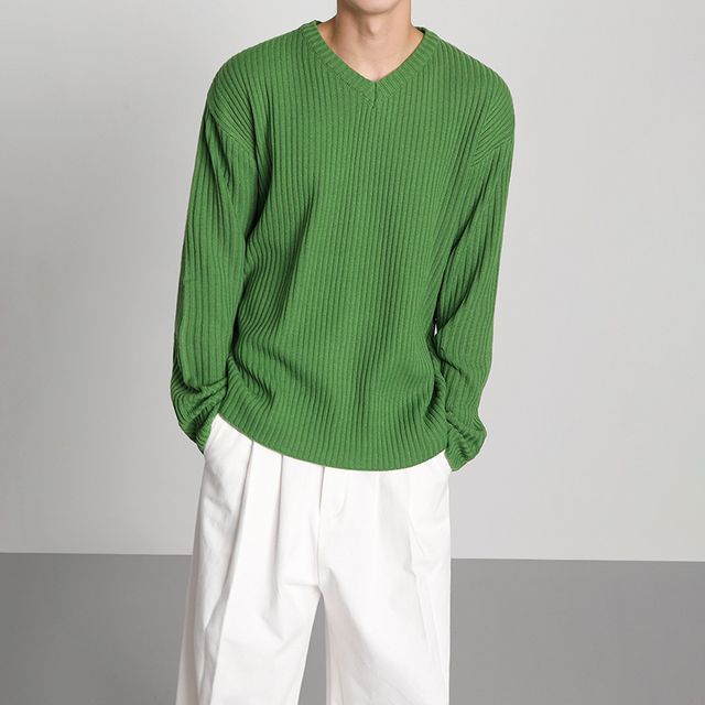 MRCYC-Long-Sleeve V-Neck Plain Ribbed Knit Top