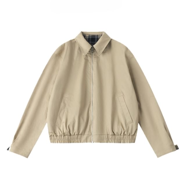 Zentrus-Collared Plain Plaid Zip Jacket