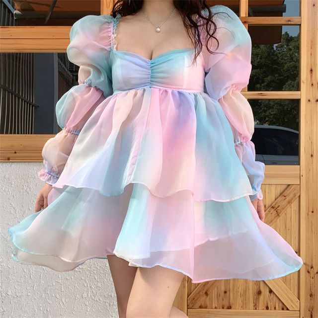 Mouang - Cinched Sleeve Square Neck Gradient Ruffle Cutout Mini A-Line Dress  | YesStyle