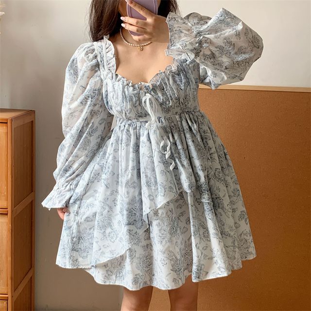 yesstyle cute dress Puff Sleeve Square Neck Floral Print Bow Ruffle Mini A-Line Dress