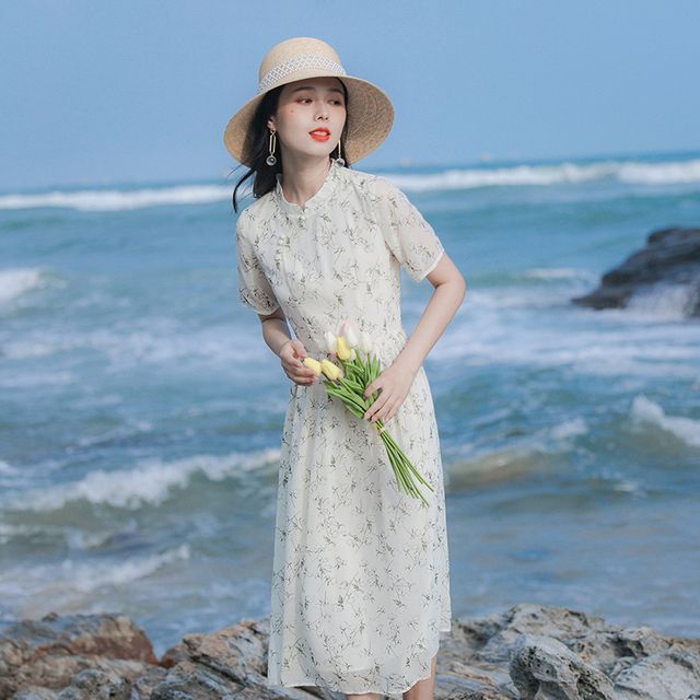 ALLYN - Short-Sleeve Floral Print A-Line Chiffon Dress | YesStyle