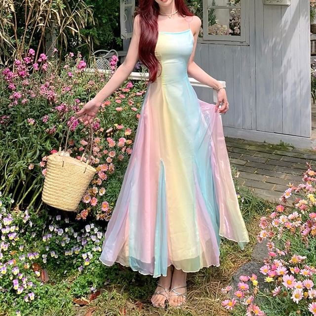 Halter Neck Rainbow Chiffon Spaghetti Strap Maxi A-Line Dress