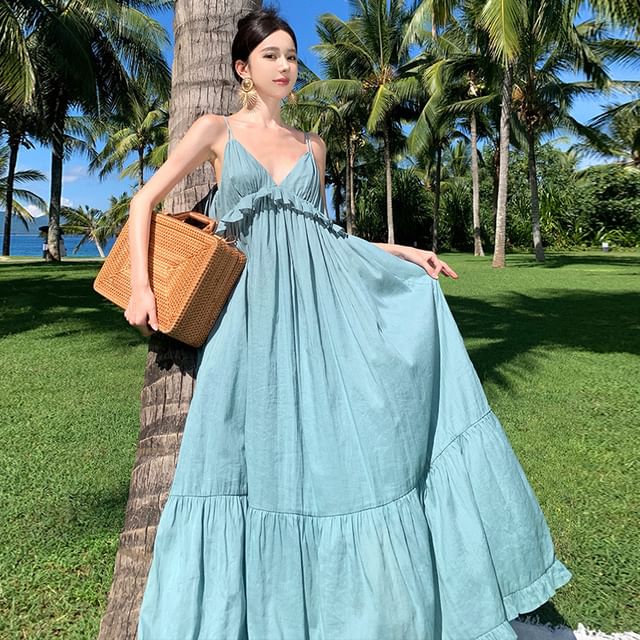 Moanum-Spaghetti Strap Plain Ruffled Midi Sundress