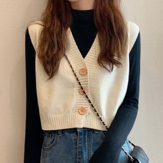 Sisyphi-V-Neck Plain Cropped Single-Breasted Sweater Vest