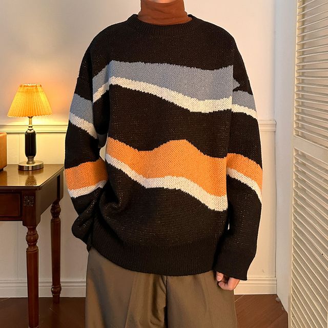 Bay Go Mall-Crew Neck Color Block Sweater