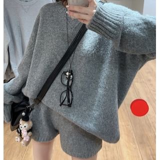 Trendycas-Round Neck Plain Sweater Mid Rise Knit Shorts