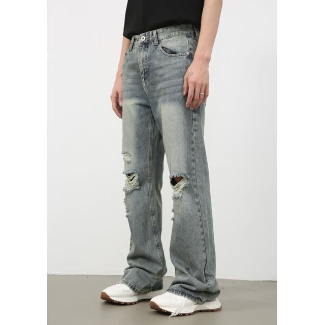 pinkdropper-Mid Rise Distressed Flared Jeans