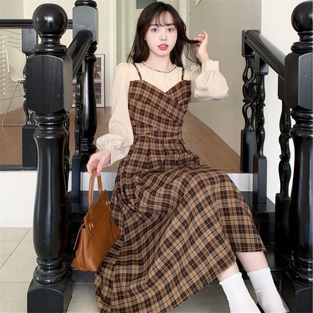 chinese dress ladies Rihoas Crew Neck Plaid A-Line Mini Dress For Women, Black / L