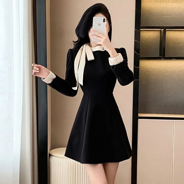 navy blue dress for baby girl Secolo - Long-Sleeve Plain Contrast Trim Bow Mini A-Line Dress