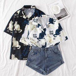 Baage - Short-Sleeve Cat Print Blouse / Roll Up Denim Shorts Baage - Short-Sleeve Cat Print Blouse / Roll Up Denim Shorts