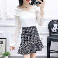 Cynderdolly - Set: Flared-Cuff Collared Lace Top + Flared Hem Tweed Mini A-Line Dress Cynderdolly - Set: Flared-Cuff Collared Lace Top + Flared Hem Tweed Mini A-Line Dress