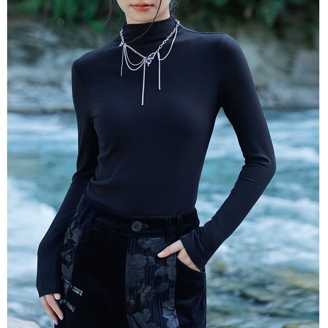 Nekomata-Long-Sleeve Mock Neck Plain Knit Top