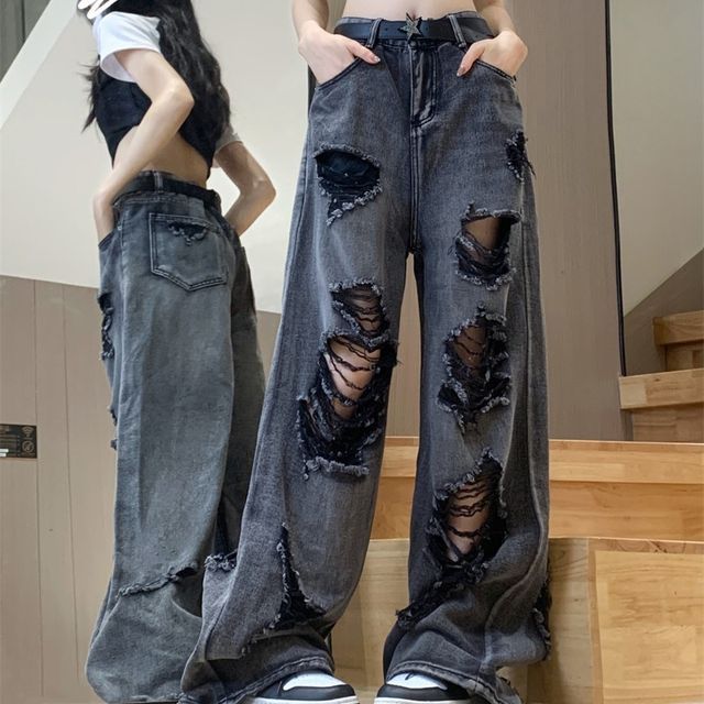 Mid Rise Distressed Washed Wide Leg Jeans