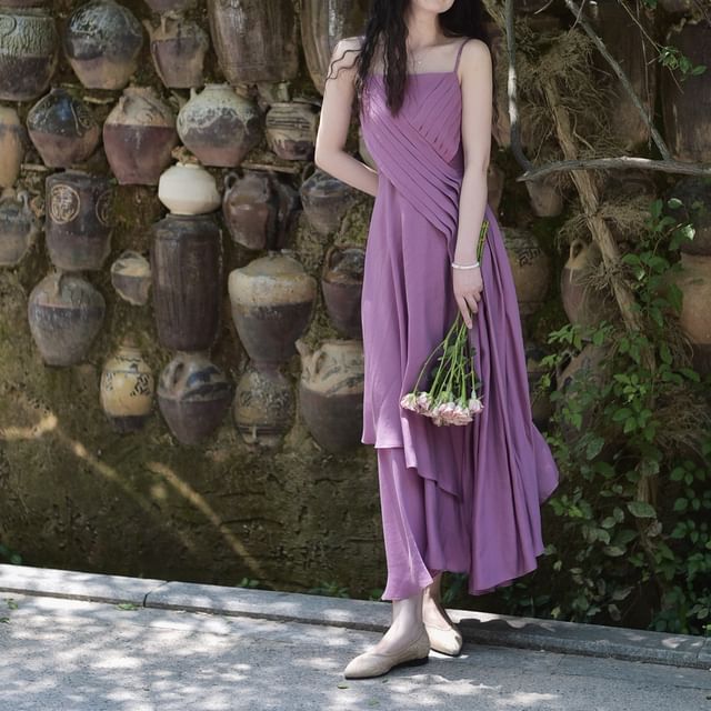 Nebbia-Spaghetti Strap Plain Asymmetrical Midi A-Line Dress