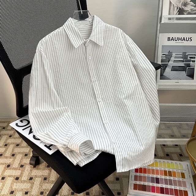 Whyessa-Long-Sleeve Striped Button-Up Shirt