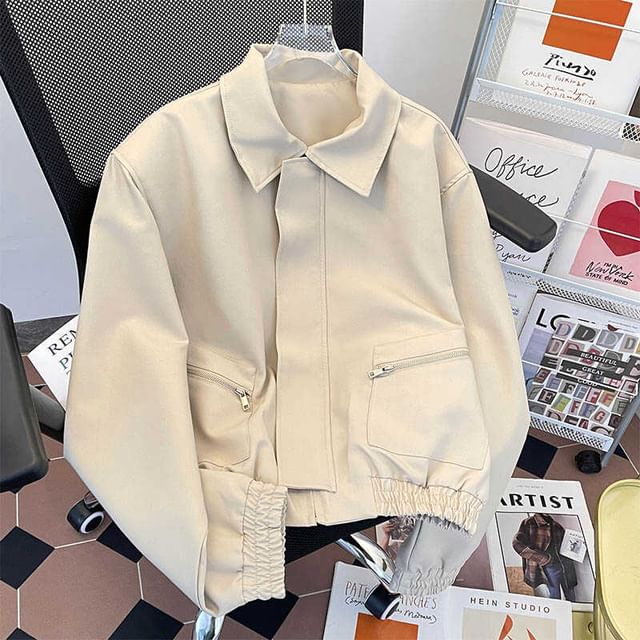 Whyessa-Collared Plain Zip-Up Crop Jacket