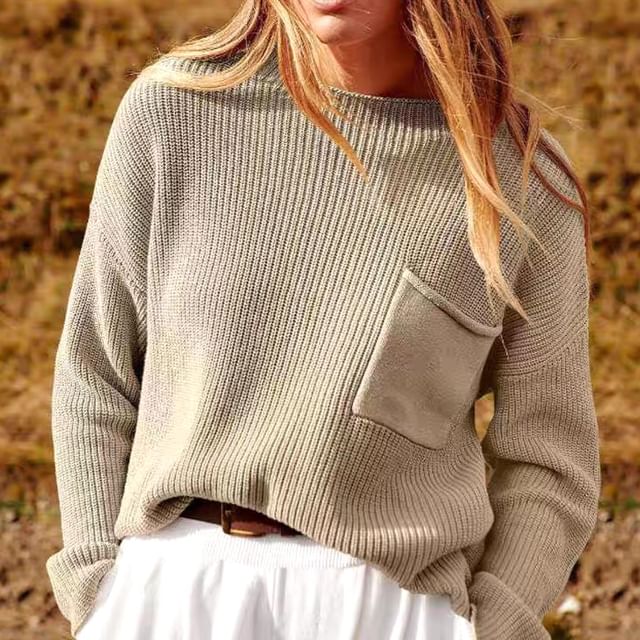 ISSOL-Round Neck Pocket Detail Ribbed Sweater