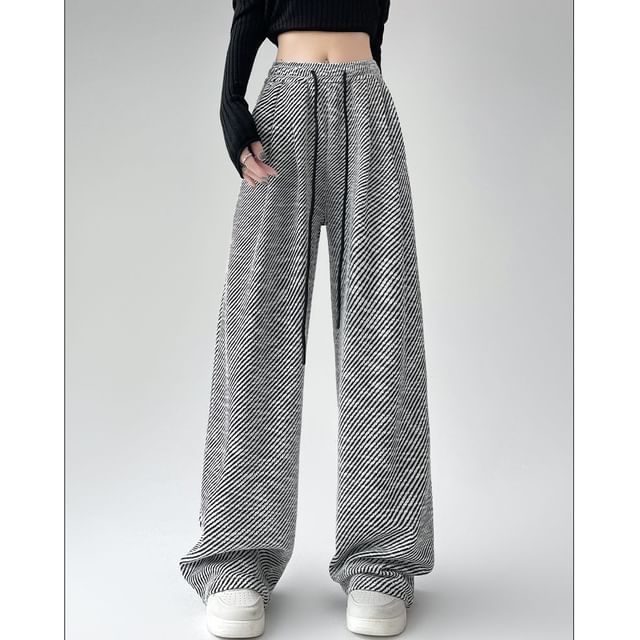 Dovitade-Drawstring Waist Striped Baggy Pants