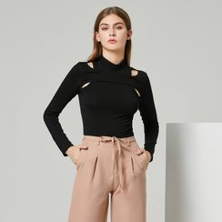YS by YesStyle - Eco-Friendly Long-Sleeve Mock-Neck Cutout Top