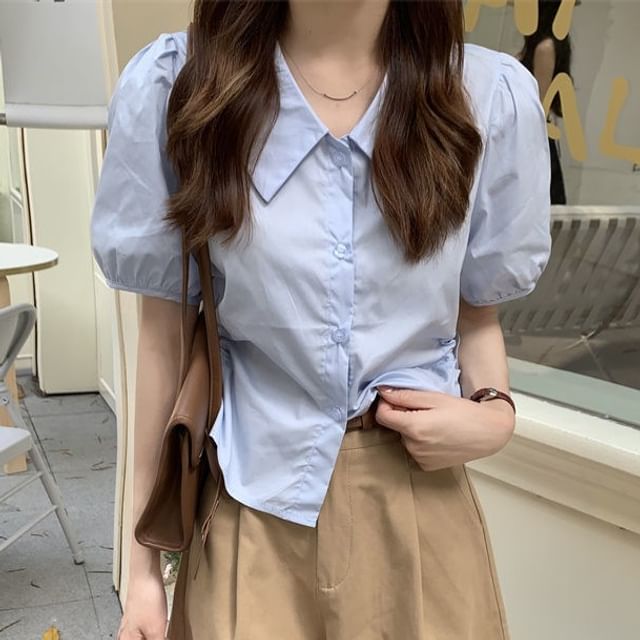 Sisyphi-Short-Sleeve Button-Up Plain Crop Shirt