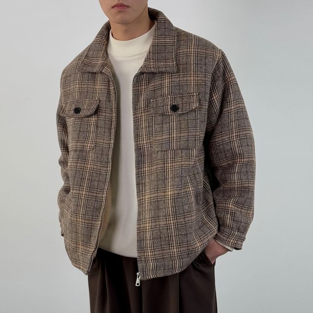 DragonRoad-Collared Plaid Zip-Up Jacket