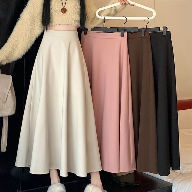 OGAWA-High Waist Plain Midi A-Line Skirt