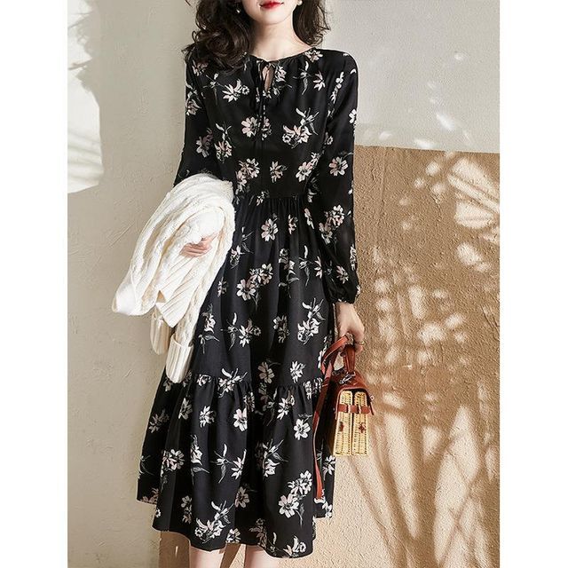 Jeonseon - Long-Sleeve Round Neck Floral Midi Dress | YesStyle