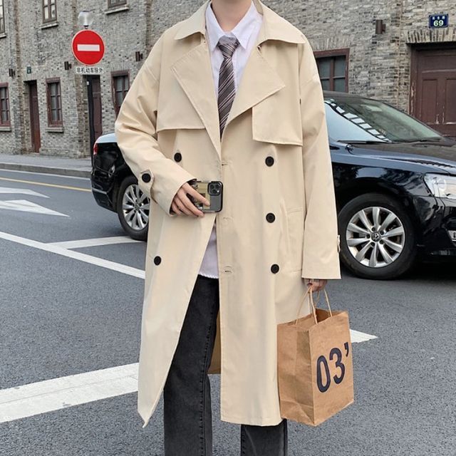 Sinlarity-Plain Midi Double-Breasted Trench Coat